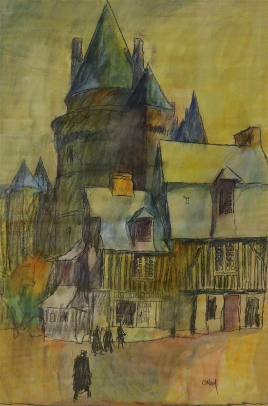 Otley, mixed media, Austrian town, signed, 102 x 67cm.